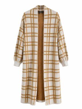 Lola B Long Plaid Cardigan Sweater Women’s Large Brown Cream Open Front